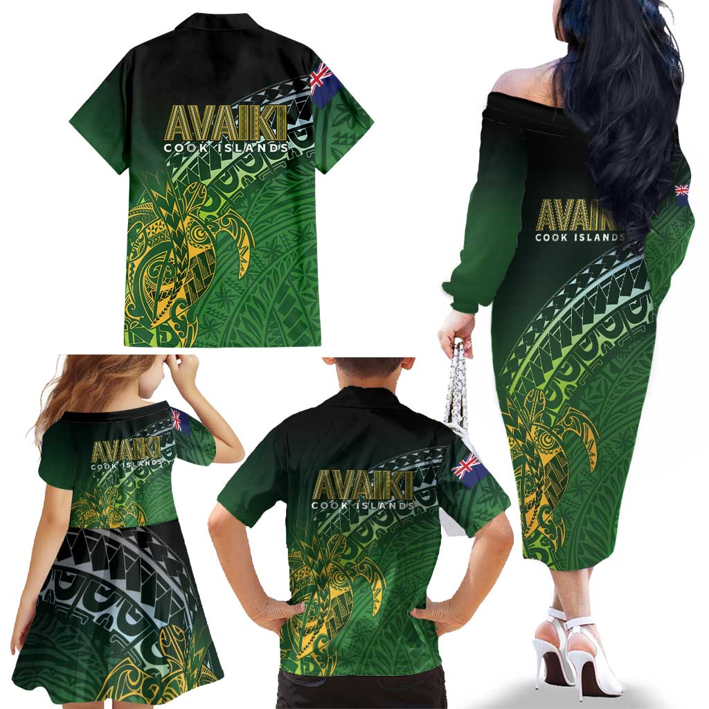 Cook Islands Rugby Kuki Avaiki Family Matching Off The Shoulder Long Sleeve Dress and Hawaiian Shirt Tribal Turtle LT7 - Polynesian Pride