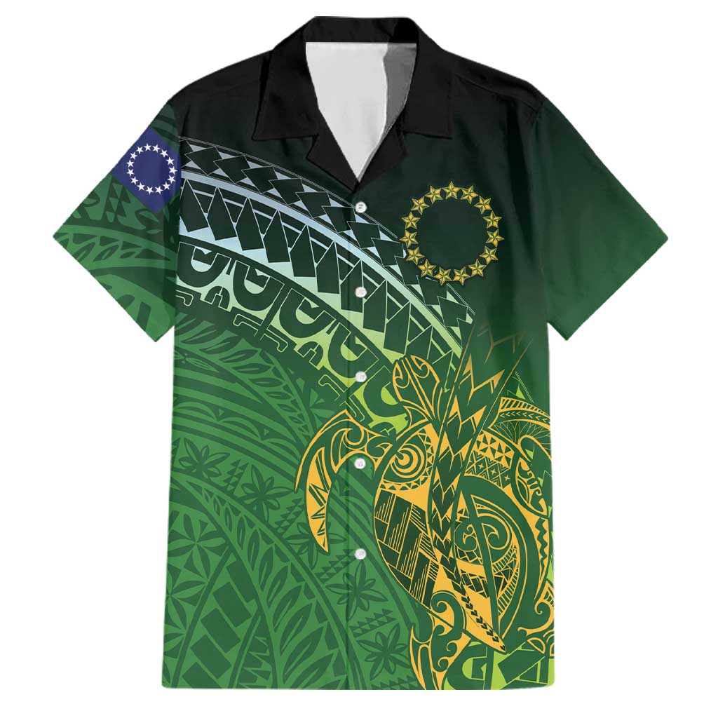 Cook Islands Rugby Kuki Avaiki Family Matching Off The Shoulder Long Sleeve Dress and Hawaiian Shirt Tribal Turtle LT7 Dad's Shirt - Short Sleeve Dark Green - Polynesian Pride
