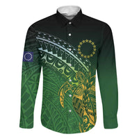 Cook Islands Rugby Kuki Avaiki Family Matching Off Shoulder Maxi Dress and Hawaiian Shirt Tribal Turtle LT7 Dad's Shirt - Long Sleeve Dark Green - Polynesian Pride