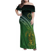 Cook Islands Rugby Kuki Avaiki Family Matching Off Shoulder Maxi Dress and Hawaiian Shirt Tribal Turtle LT7 Mom's Dress Dark Green - Polynesian Pride