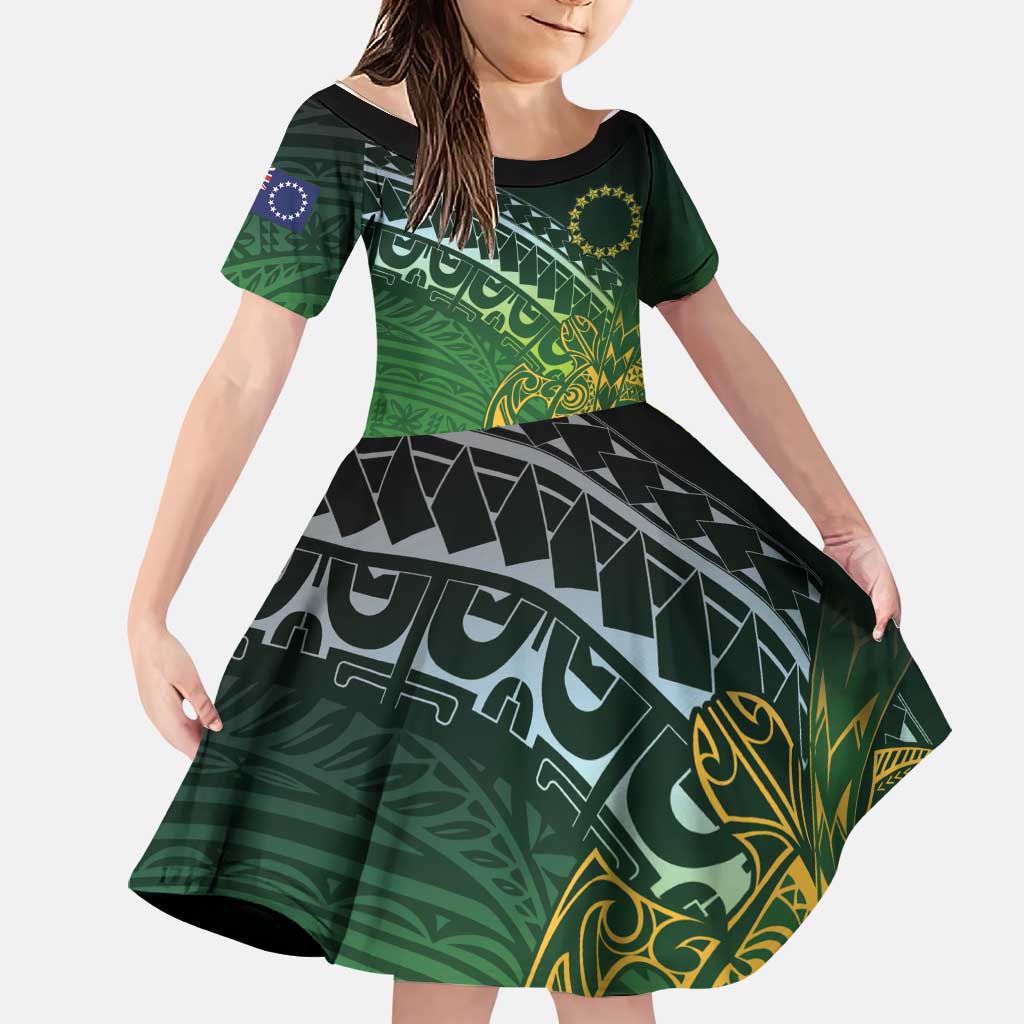 Cook Islands Rugby Kuki Avaiki Family Matching Off Shoulder Short Dress and Hawaiian Shirt Tribal Turtle LT7 Daughter's Dress Dark Green - Polynesian Pride