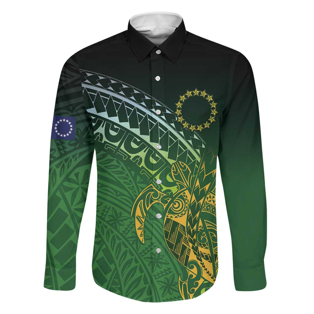 Cook Islands Rugby Kuki Avaiki Family Matching Summer Maxi Dress and Hawaiian Shirt Tribal Turtle LT7 Dad's Shirt - Long Sleeve Dark Green - Polynesian Pride