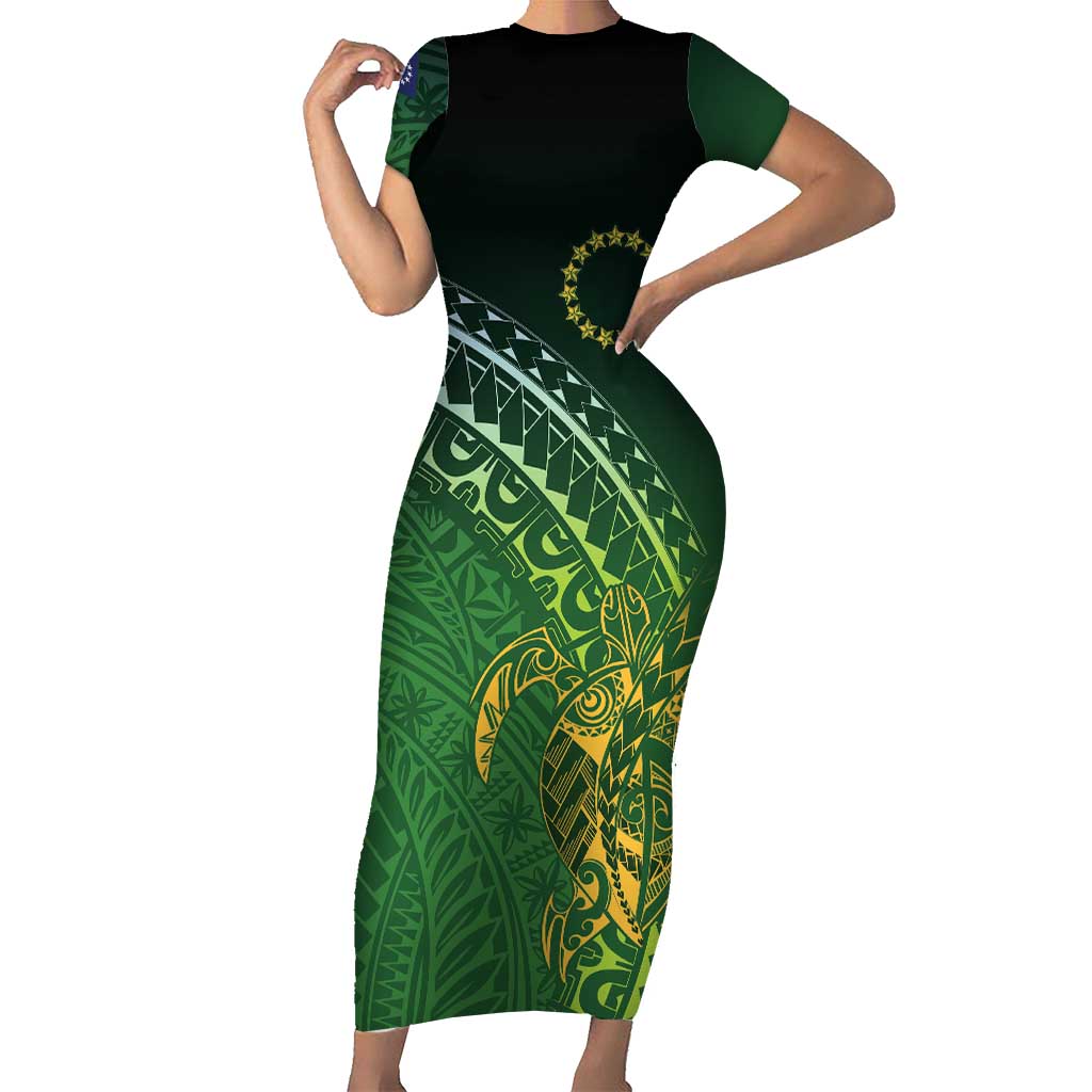 Cook Islands Rugby Kuki Avaiki Short Sleeve Bodycon Dress Tribal Turtle - Polynesian Pride