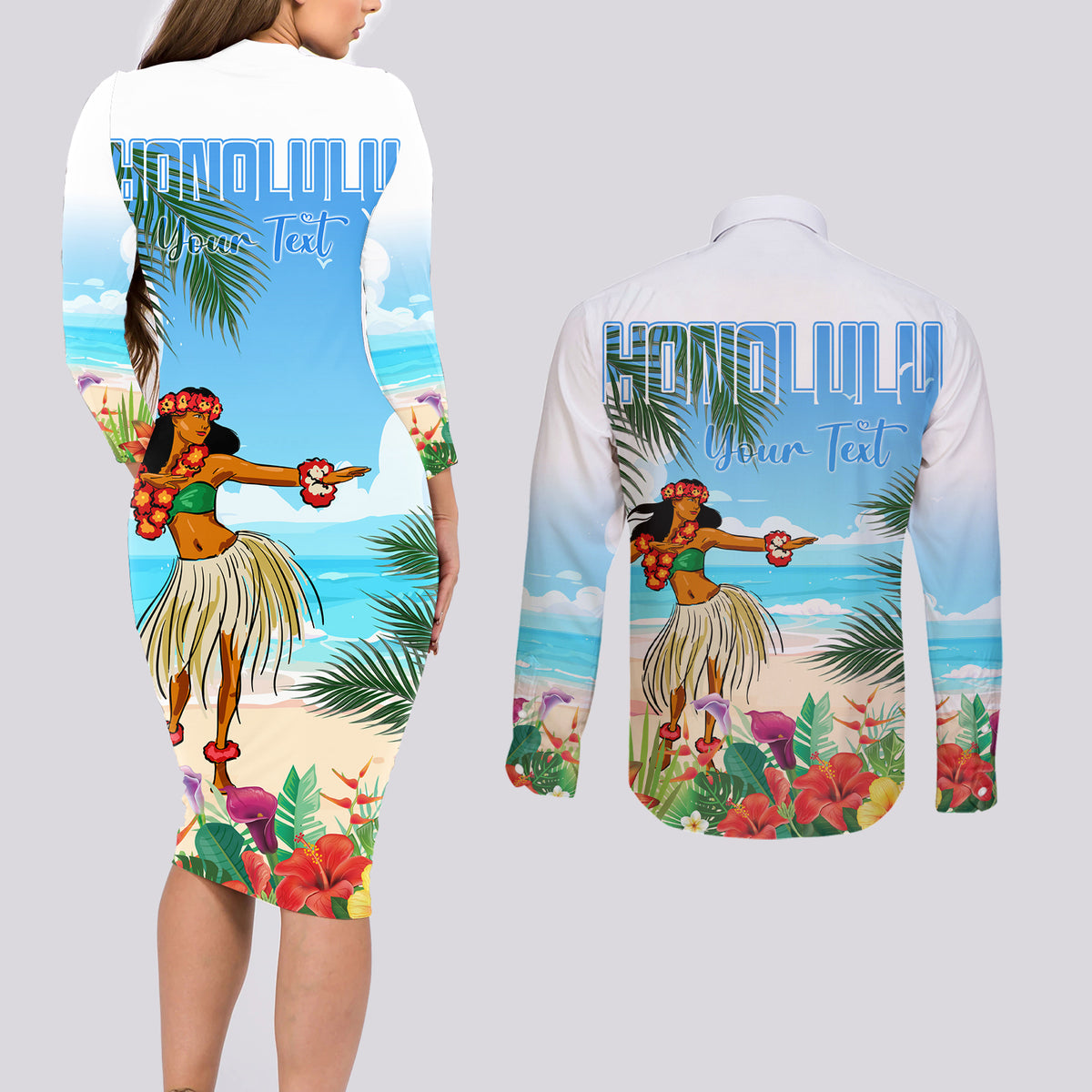 Personalised Hawaii Hula Girl Couples Matching Long Sleeve Bodycon Dress and Long Sleeve Button Shirt Honolulu Festival LT7 - Polynesian Pride