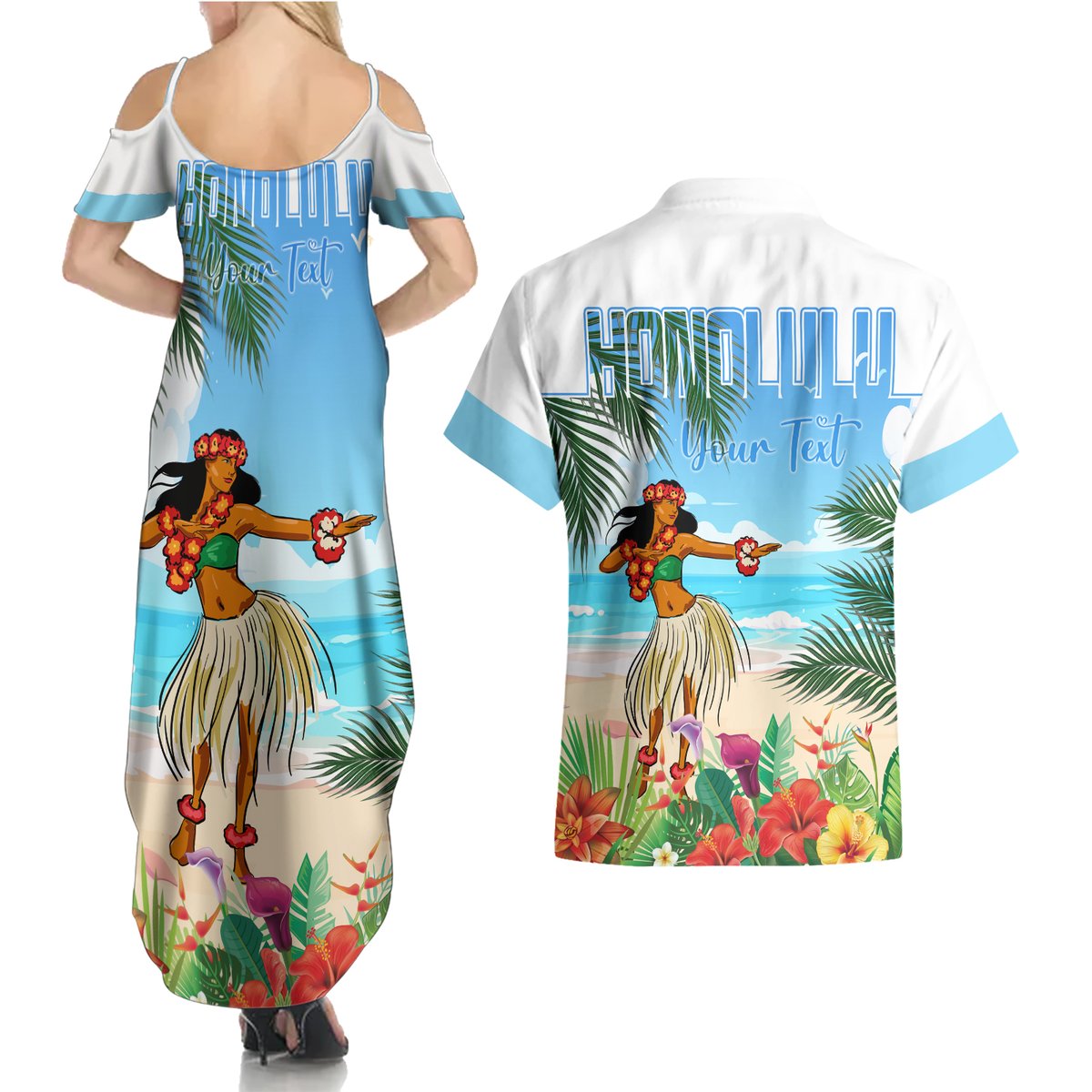 Personalised Hawaii Hula Girl Couples Matching Summer Maxi Dress and Hawaiian Shirt Honolulu Festival LT7 - Polynesian Pride