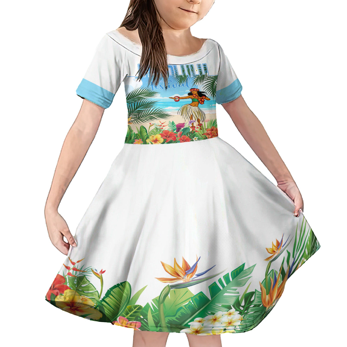 Personalised Hawaii Hula Girl Family Matching Long Sleeve Bodycon Dress and Hawaiian Shirt Honolulu Festival LT7 Daughter's Dress Art - Polynesian Pride