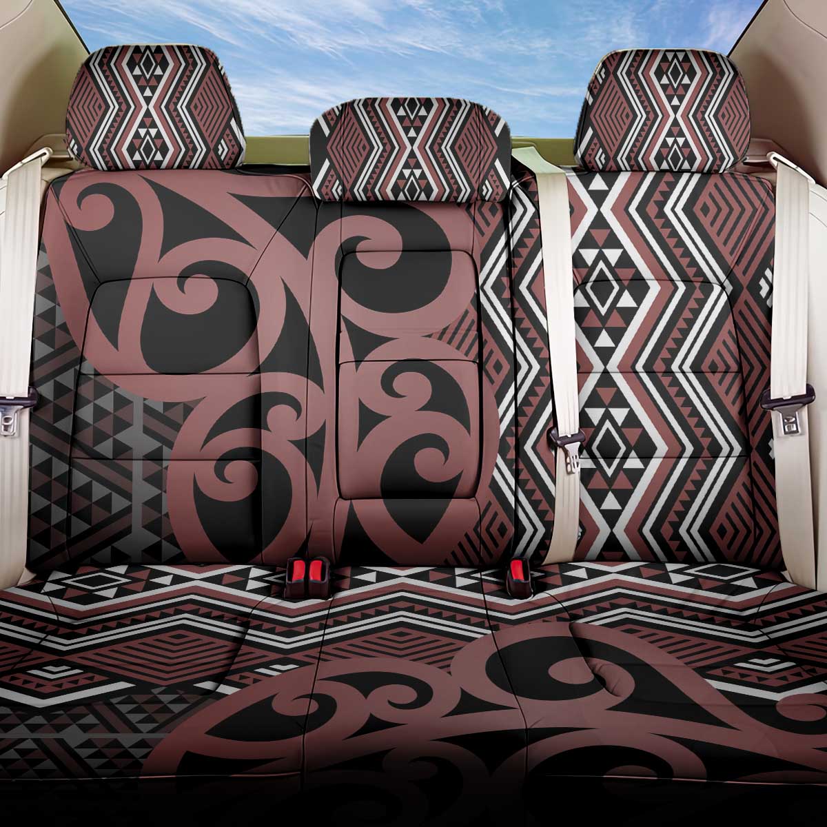 Maori Taniko Patterns Back Car Seat Cover Brown Patiki Motifs Mix Whakairo Ngaru LT7 One Size Brown - Polynesian Pride