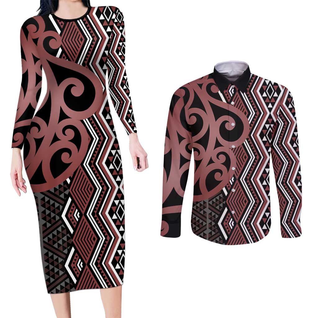 Maori Taniko Patterns Couples Matching Long Sleeve Bodycon Dress and Long Sleeve Button Shirt Brown Patiki Motifs Mix Whakairo Ngaru LT7 Brown - Polynesian Pride