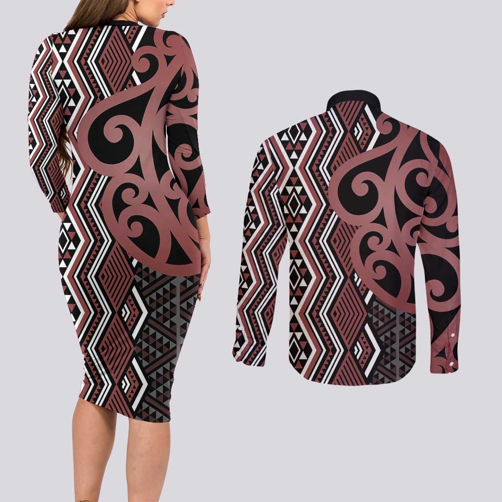 Maori Taniko Patterns Couples Matching Long Sleeve Bodycon Dress and Long Sleeve Button Shirt Brown Patiki Motifs Mix Whakairo Ngaru LT7 - Polynesian Pride