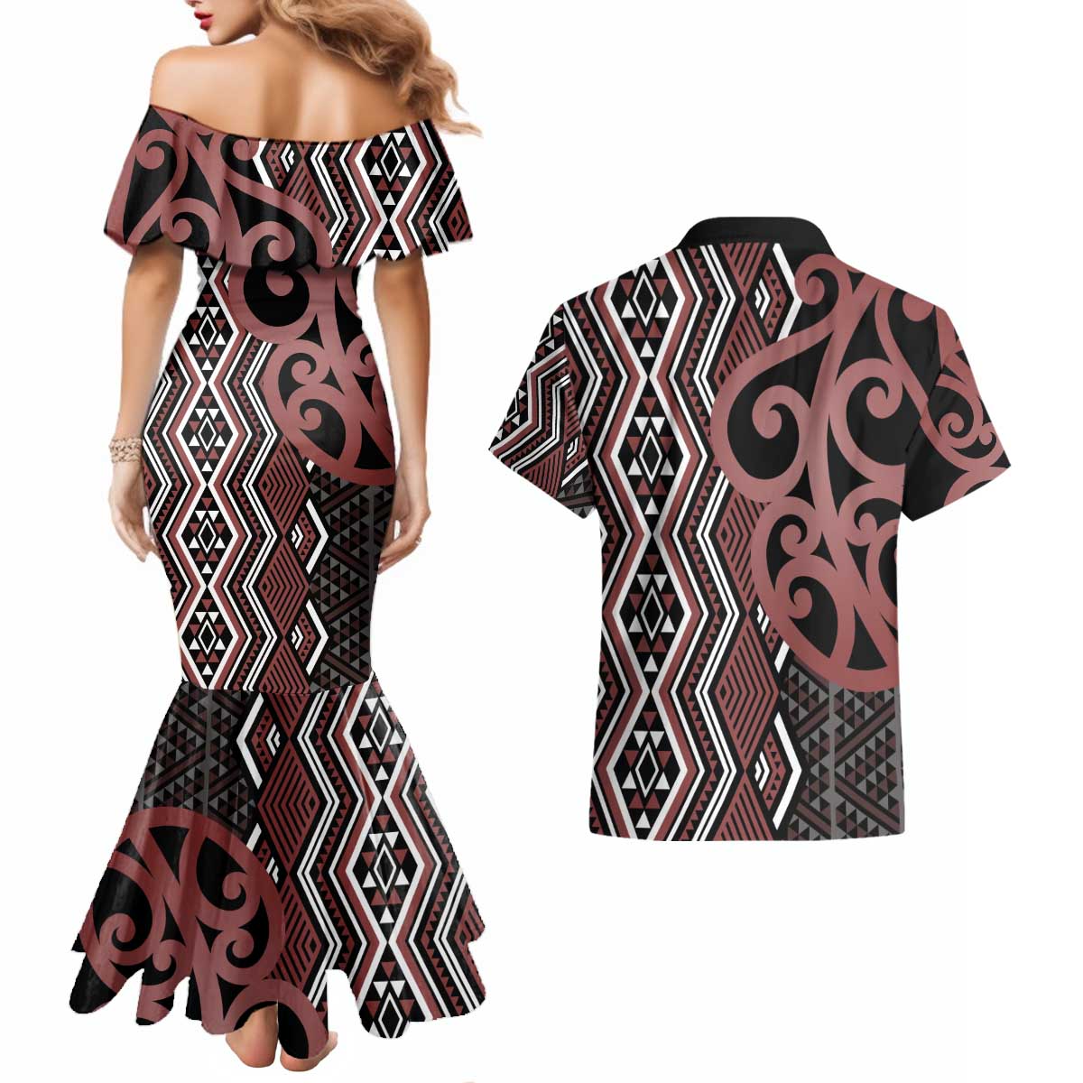 Maori Taniko Patterns Couples Matching Mermaid Dress and Hawaiian Shirt Brown Patiki Motifs Mix Whakairo Ngaru LT7 - Polynesian Pride