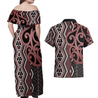 Maori Taniko Patterns Couples Matching Off Shoulder Maxi Dress and Hawaiian Shirt Brown Patiki Motifs Mix Whakairo Ngaru LT7 - Polynesian Pride