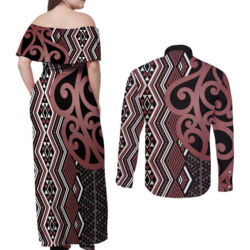 Maori Taniko Patterns Couples Matching Off Shoulder Maxi Dress and Long Sleeve Button Shirt Brown Patiki Motifs Mix Whakairo Ngaru