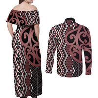 Maori Taniko Patterns Couples Matching Off Shoulder Maxi Dress and Long Sleeve Button Shirt Brown Patiki Motifs Mix Whakairo Ngaru