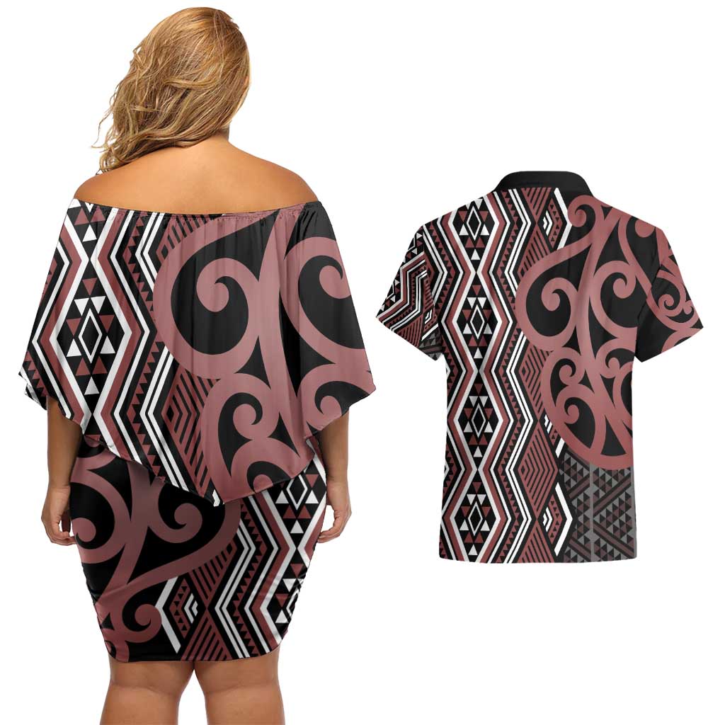 Maori Taniko Patterns Couples Matching Off Shoulder Short Dress and Hawaiian Shirt Brown Patiki Motifs Mix Whakairo Ngaru LT7 - Polynesian Pride