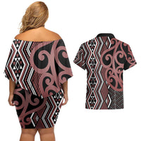 Maori Taniko Patterns Couples Matching Off Shoulder Short Dress and Hawaiian Shirt Brown Patiki Motifs Mix Whakairo Ngaru LT7 - Polynesian Pride