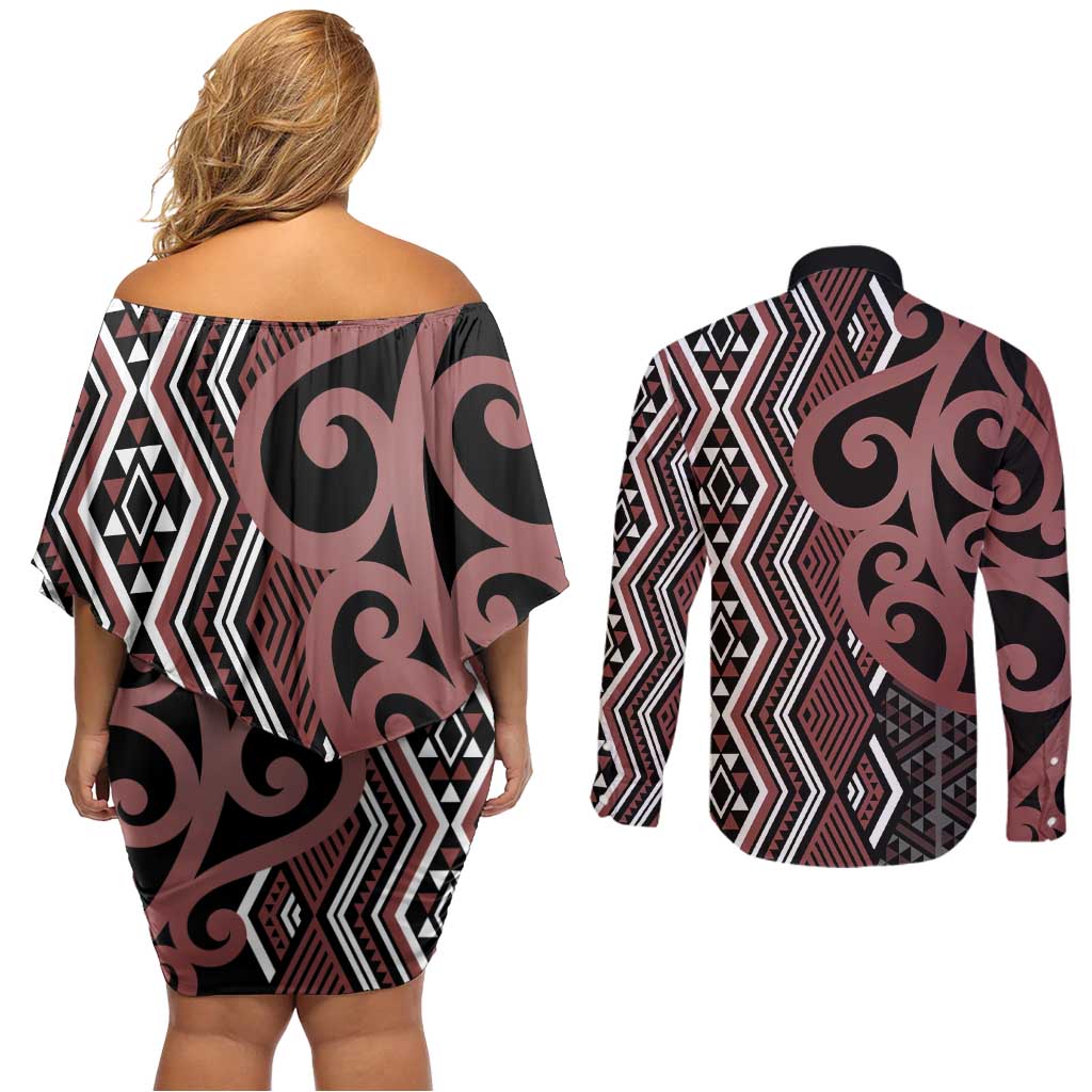 Maori Taniko Patterns Couples Matching Off Shoulder Short Dress and Long Sleeve Button Shirt Brown Patiki Motifs Mix Whakairo Ngaru