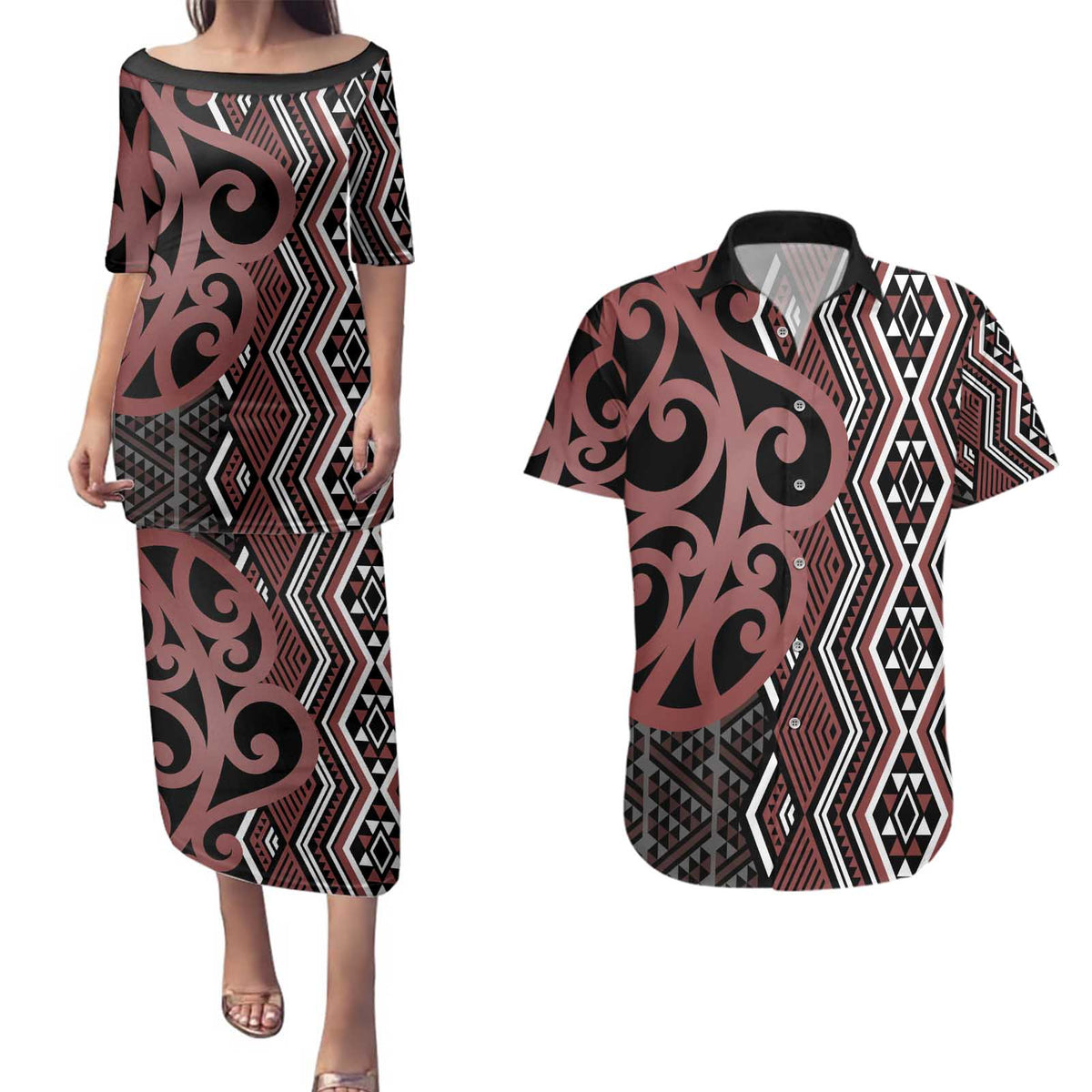 Maori Taniko Patterns Couples Matching Puletasi and Hawaiian Shirt Brown Patiki Motifs Mix Whakairo Ngaru