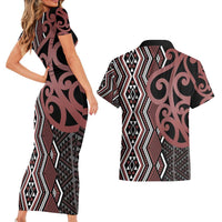 Maori Taniko Patterns Couples Matching Short Sleeve Bodycon Dress and Hawaiian Shirt Brown Patiki Motifs Mix Whakairo Ngaru LT7 - Polynesian Pride