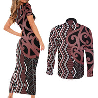 Maori Taniko Patterns Couples Matching Short Sleeve Bodycon Dress and Long Sleeve Button Shirt Brown Patiki Motifs Mix Whakairo Ngaru LT7 - Polynesian Pride