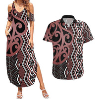 Maori Taniko Patterns Couples Matching Summer Maxi Dress and Hawaiian Shirt Brown Patiki Motifs Mix Whakairo Ngaru LT7 Brown - Polynesian Pride