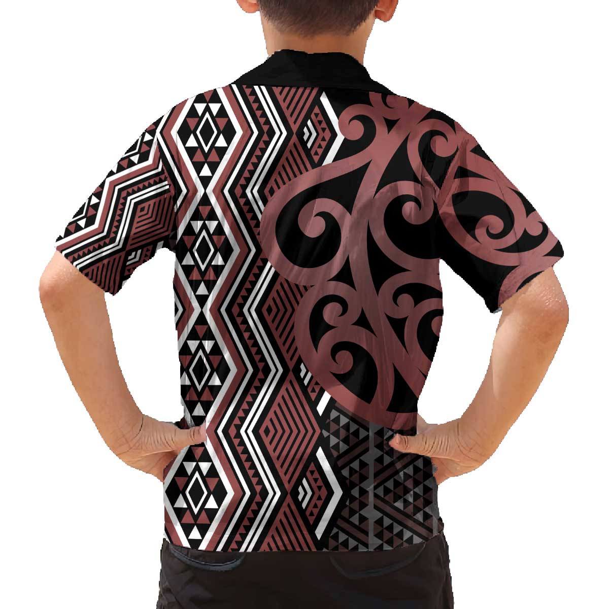Maori Taniko Patterns Family Matching Off The Shoulder Long Sleeve Dress and Hawaiian Shirt Brown Patiki Motifs Mix Whakairo Ngaru LT7 - Polynesian Pride