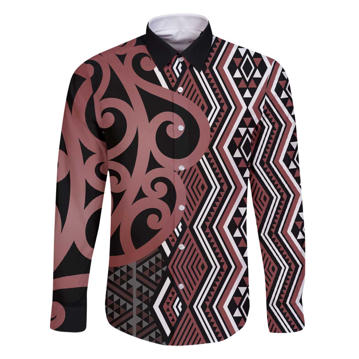 Maori Taniko Patterns Family Matching Off The Shoulder Long Sleeve Dress and Hawaiian Shirt Brown Patiki Motifs Mix Whakairo Ngaru LT7 Dad's Shirt - Long Sleeve Brown - Polynesian Pride