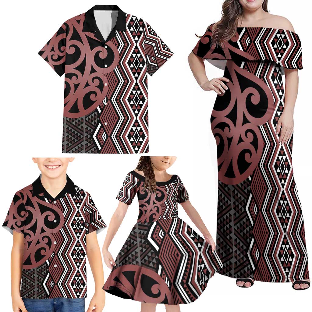 Maori Taniko Patterns Family Matching Off Shoulder Maxi Dress and Hawaiian Shirt Brown Patiki Motifs Mix Whakairo Ngaru LT7 - Polynesian Pride