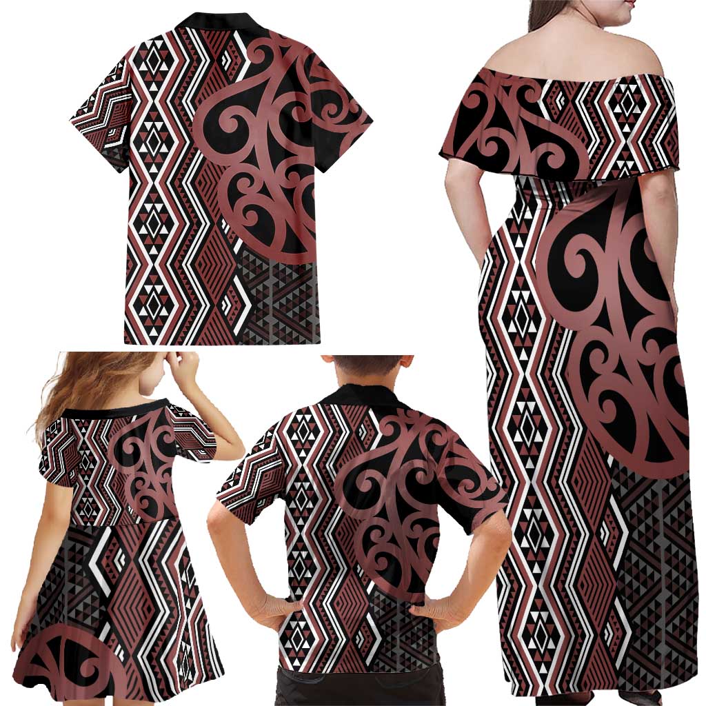 Maori Taniko Patterns Family Matching Off Shoulder Maxi Dress and Hawaiian Shirt Brown Patiki Motifs Mix Whakairo Ngaru LT7 - Polynesian Pride