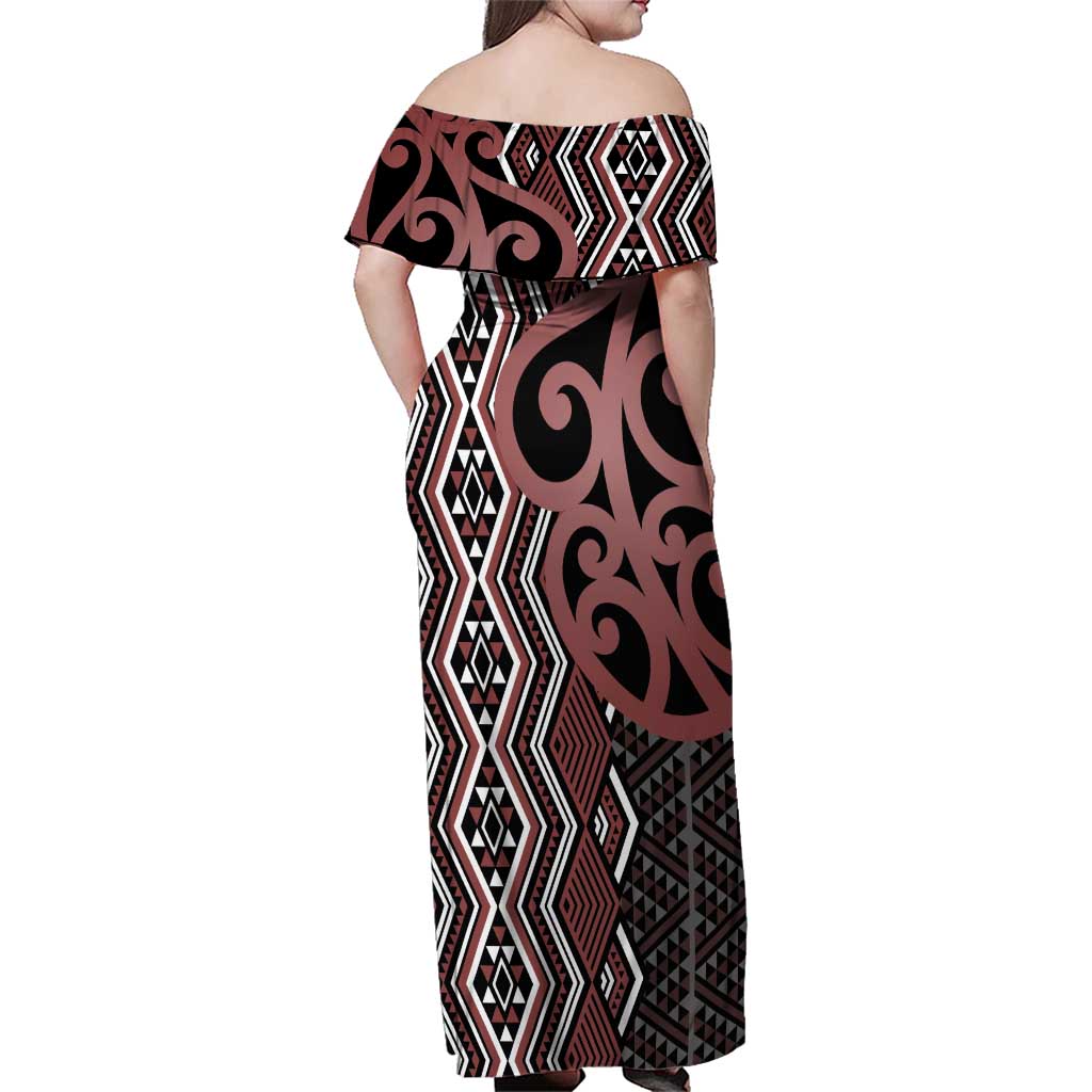 Maori Taniko Patterns Family Matching Off Shoulder Maxi Dress and Hawaiian Shirt Brown Patiki Motifs Mix Whakairo Ngaru LT7 - Polynesian Pride