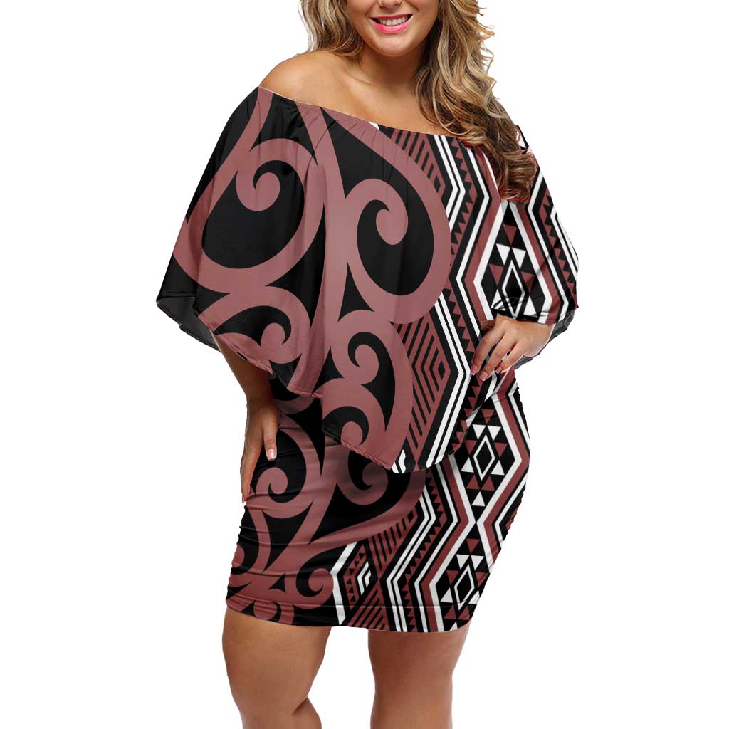 Maori Taniko Patterns Family Matching Off Shoulder Short Dress and Hawaiian Shirt Brown Patiki Motifs Mix Whakairo Ngaru LT7 Mom's Dress Brown - Polynesian Pride