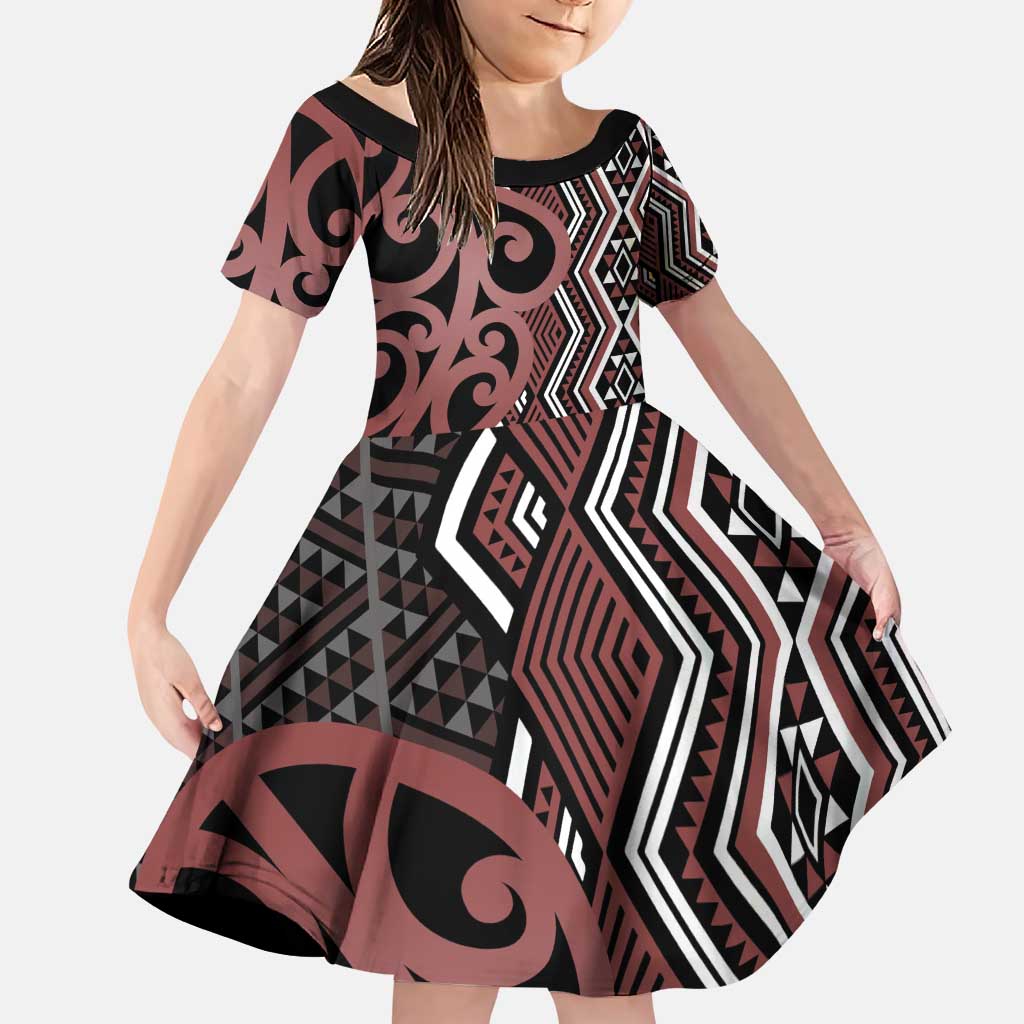 Maori Taniko Patterns Family Matching Puletasi and Hawaiian Shirt Brown Patiki Motifs Mix Whakairo Ngaru LT7 Daughter's Dress Brown - Polynesian Pride