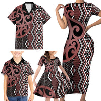 Maori Taniko Patterns Family Matching Short Sleeve Bodycon Dress and Hawaiian Shirt Brown Patiki Motifs Mix Whakairo Ngaru LT7 - Polynesian Pride