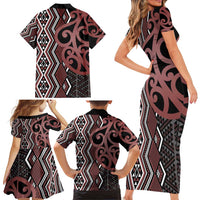 Maori Taniko Patterns Family Matching Short Sleeve Bodycon Dress and Hawaiian Shirt Brown Patiki Motifs Mix Whakairo Ngaru LT7 - Polynesian Pride