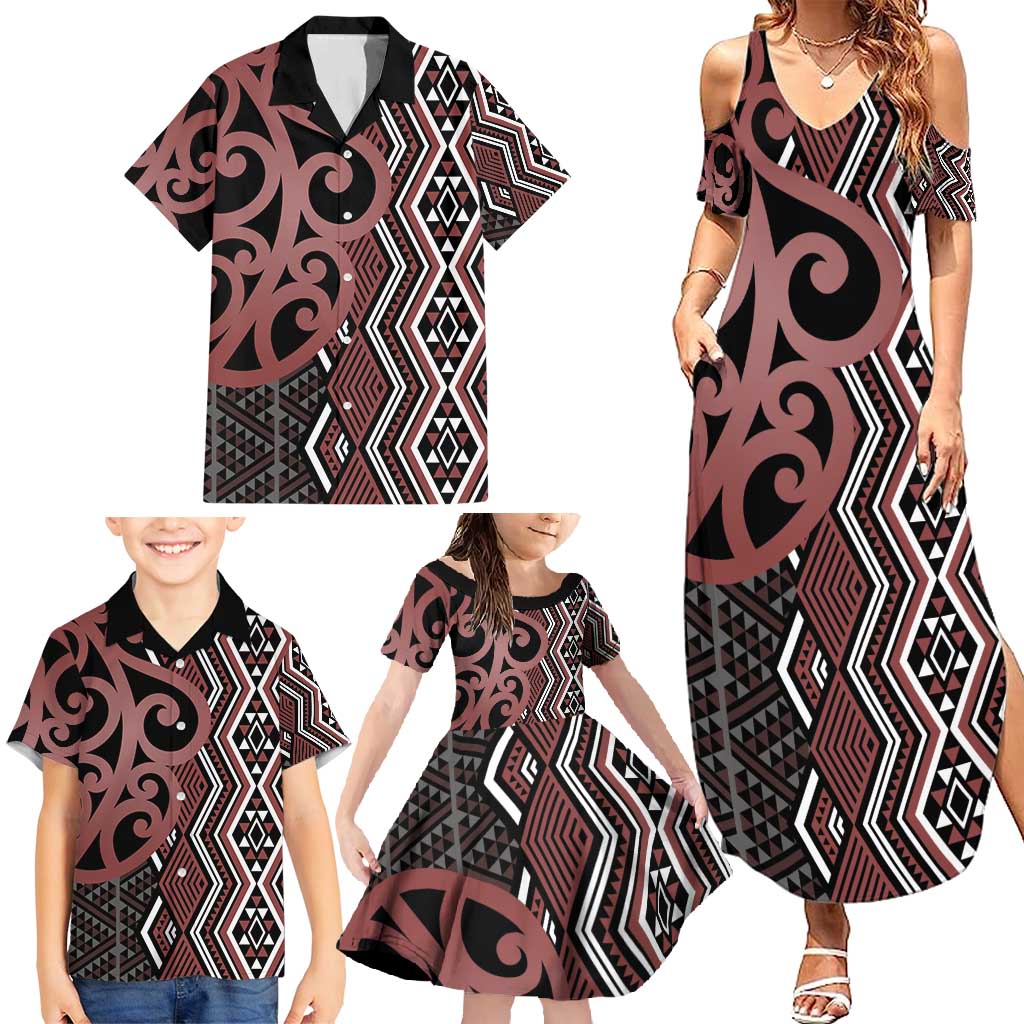 Maori Taniko Patterns Family Matching Summer Maxi Dress and Hawaiian Shirt Brown Patiki Motifs Mix Whakairo Ngaru LT7 - Polynesian Pride