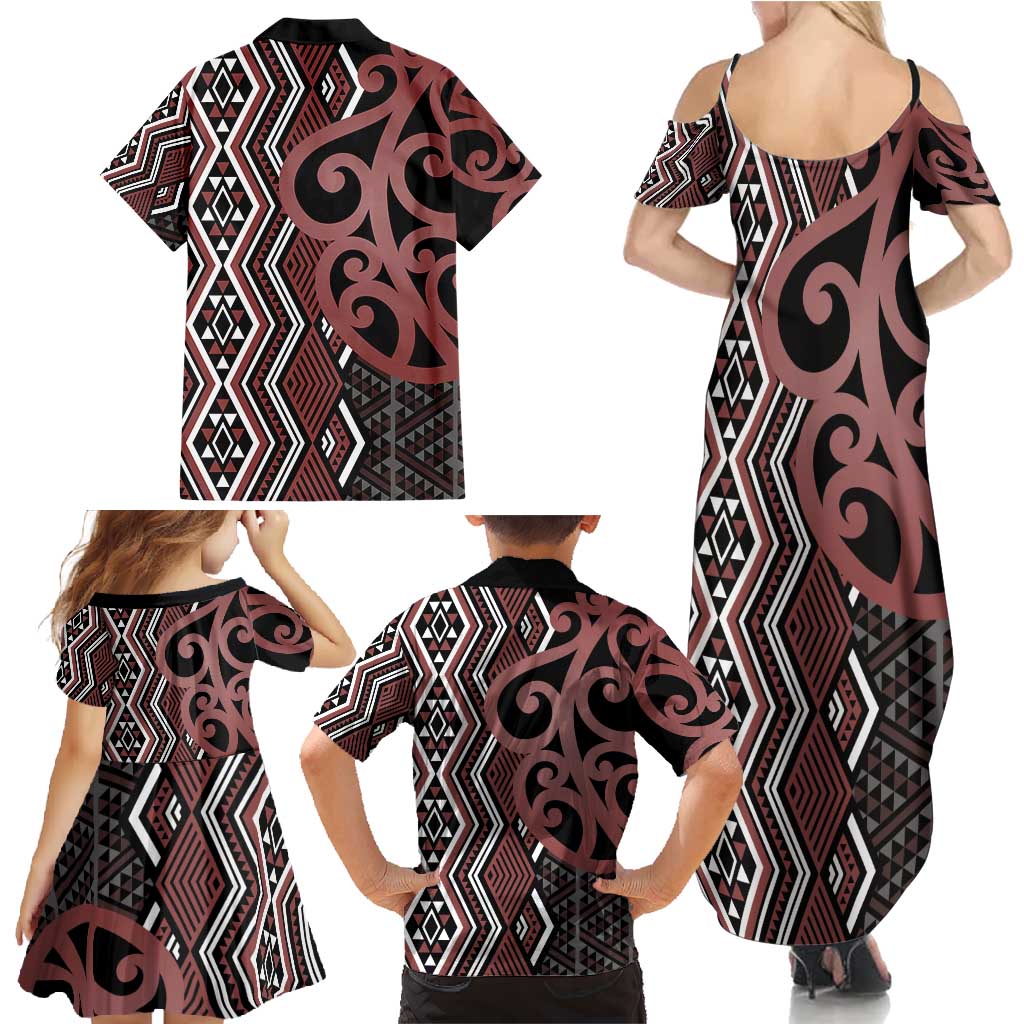 Maori Taniko Patterns Family Matching Summer Maxi Dress and Hawaiian Shirt Brown Patiki Motifs Mix Whakairo Ngaru LT7 - Polynesian Pride