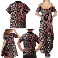 Maori Taniko Patterns Family Matching Summer Maxi Dress and Hawaiian Shirt Brown Patiki Motifs Mix Whakairo Ngaru LT7 - Polynesian Pride