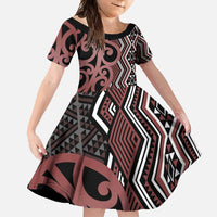 Maori Taniko Patterns Family Matching Tank Maxi Dress and Hawaiian Shirt Brown Patiki Motifs Mix Whakairo Ngaru LT7 Daughter's Dress Brown - Polynesian Pride