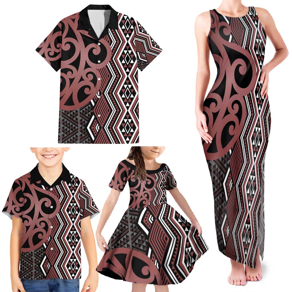 Maori Taniko Patterns Family Matching Tank Maxi Dress and Hawaiian Shirt Brown Patiki Motifs Mix Whakairo Ngaru LT7 - Polynesian Pride