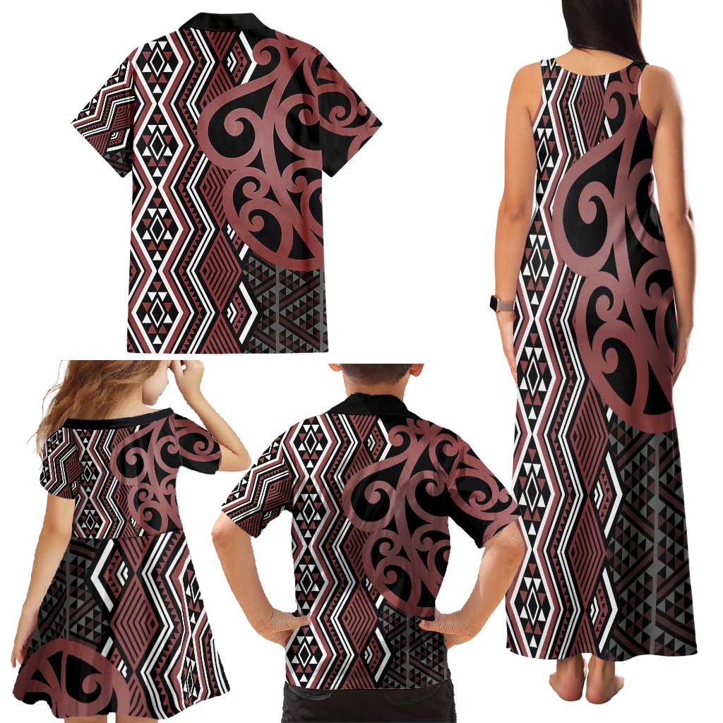 Maori Taniko Patterns Family Matching Tank Maxi Dress and Hawaiian Shirt Brown Patiki Motifs Mix Whakairo Ngaru LT7 - Polynesian Pride