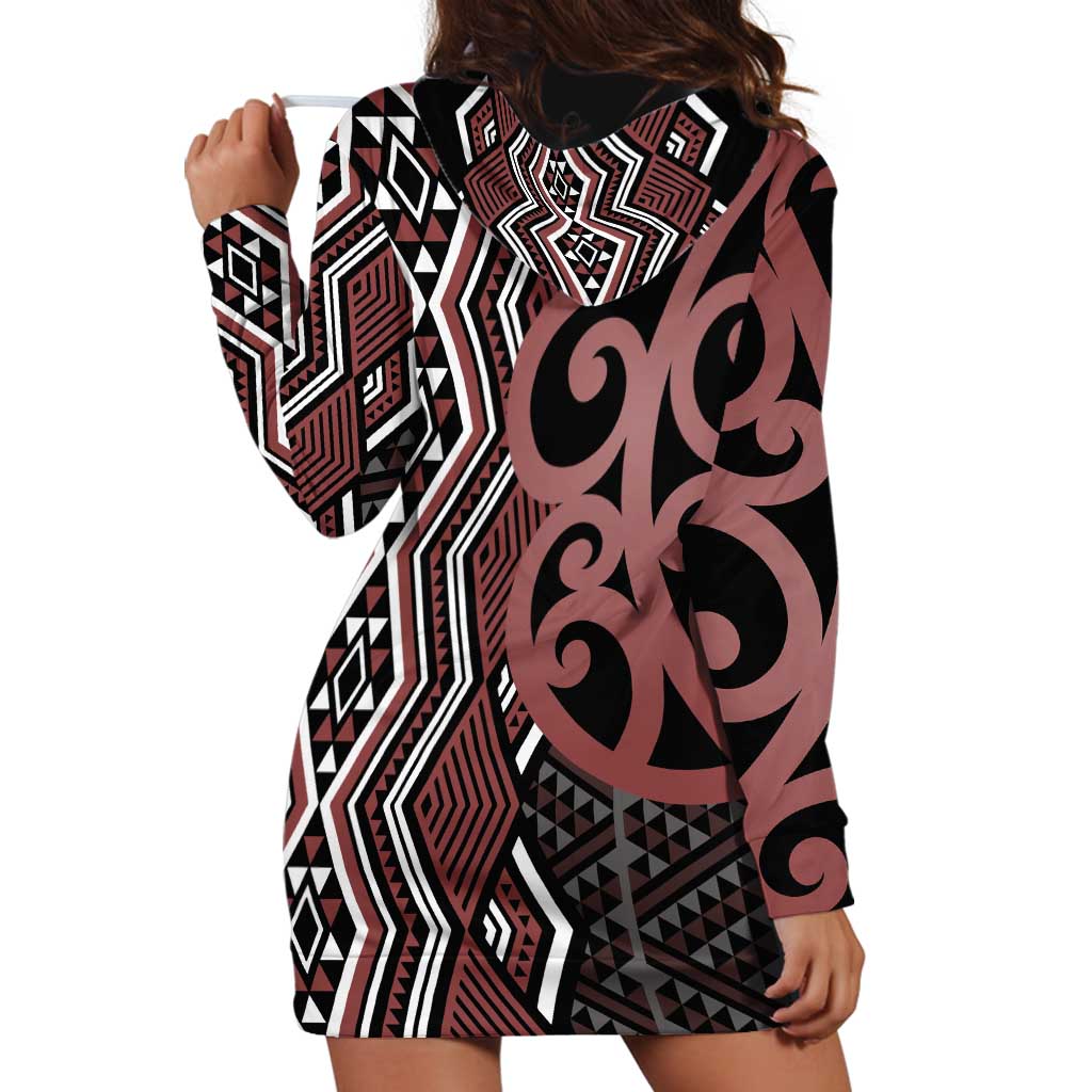 Maori Taniko Patterns Hoodie Dress Brown Patiki Motifs Mix Whakairo Ngaru