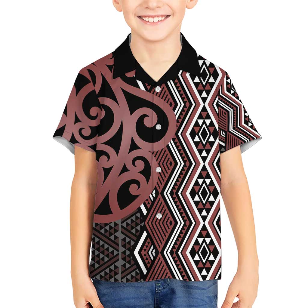 Maori Taniko Patterns Kid Hawaiian Shirt Brown Patiki Motifs Mix Whakairo Ngaru