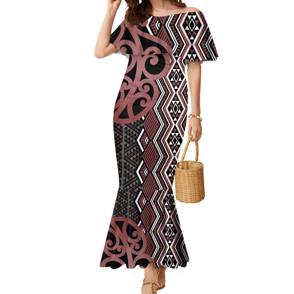 Maori Taniko Patterns Mermaid Dress Brown Patiki Motifs Mix Whakairo Ngaru
