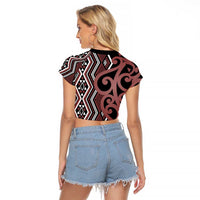 Maori Taniko Patterns Raglan Cropped T Shirt Brown Patiki Motifs Mix Whakairo Ngaru