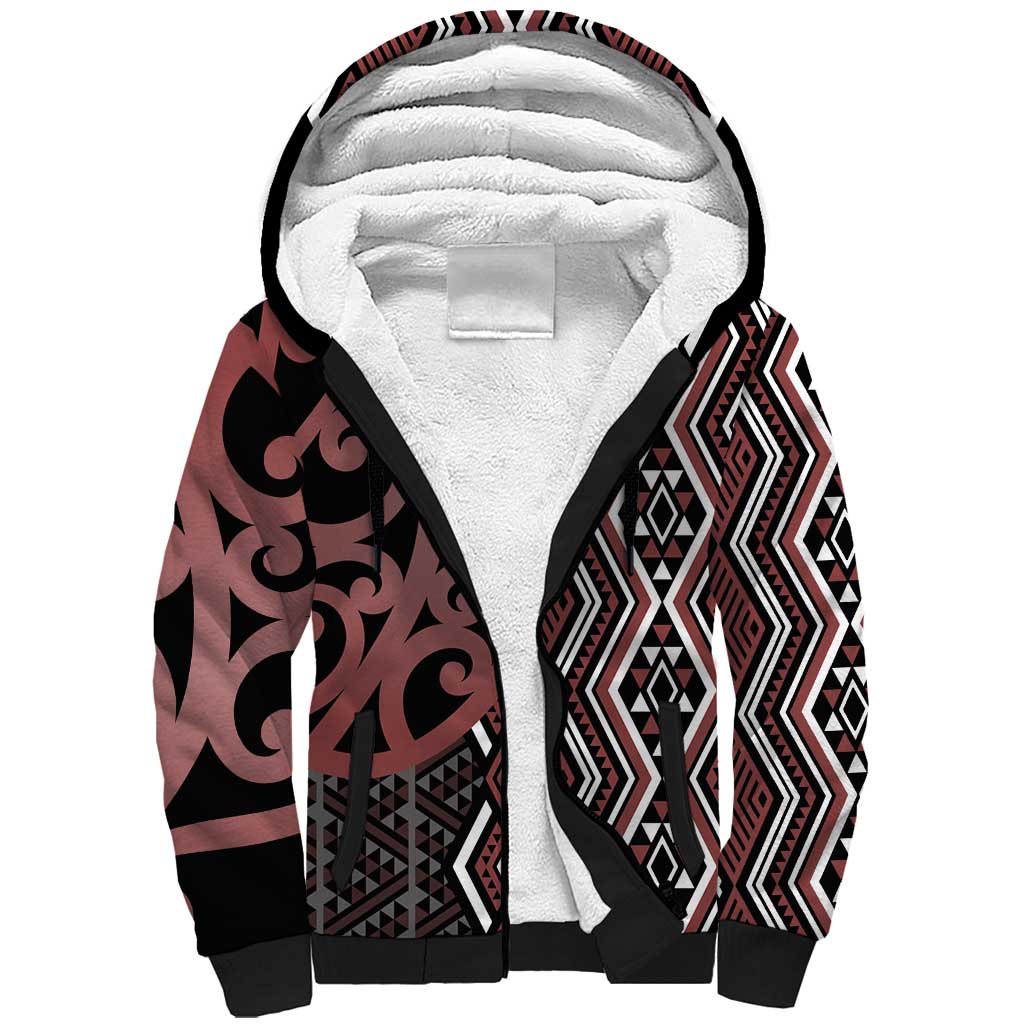 Maori Taniko Patterns Sherpa Hoodie Brown Patiki Motifs Mix Whakairo Ngaru