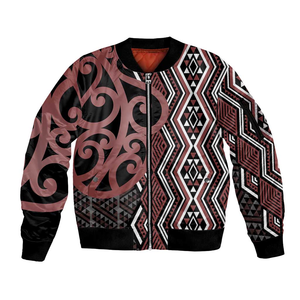 Maori Taniko Patterns Sleeve Zip Bomber Jacket Brown Patiki Motifs Mix Whakairo Ngaru LT7 Unisex Brown - Polynesian Pride