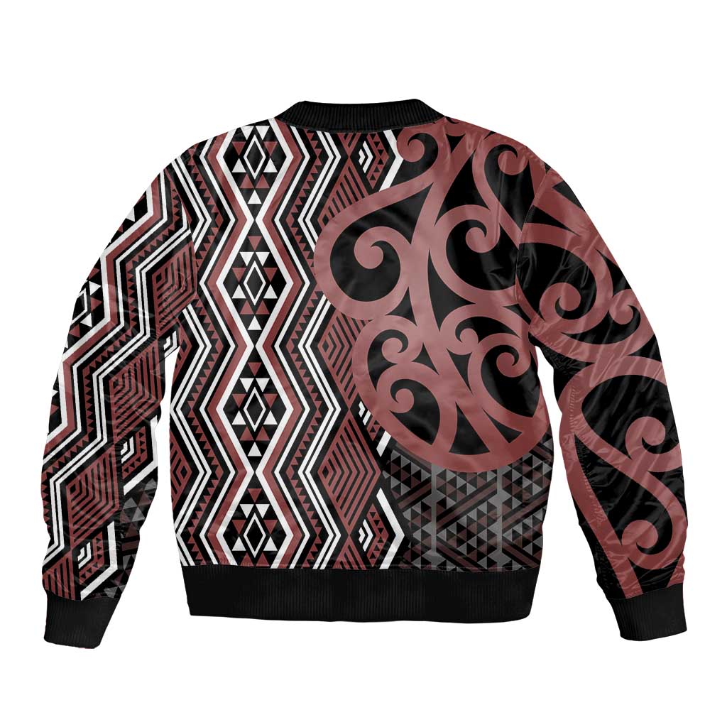 Maori Taniko Patterns Sleeve Zip Bomber Jacket Brown Patiki Motifs Mix Whakairo Ngaru LT7 - Polynesian Pride