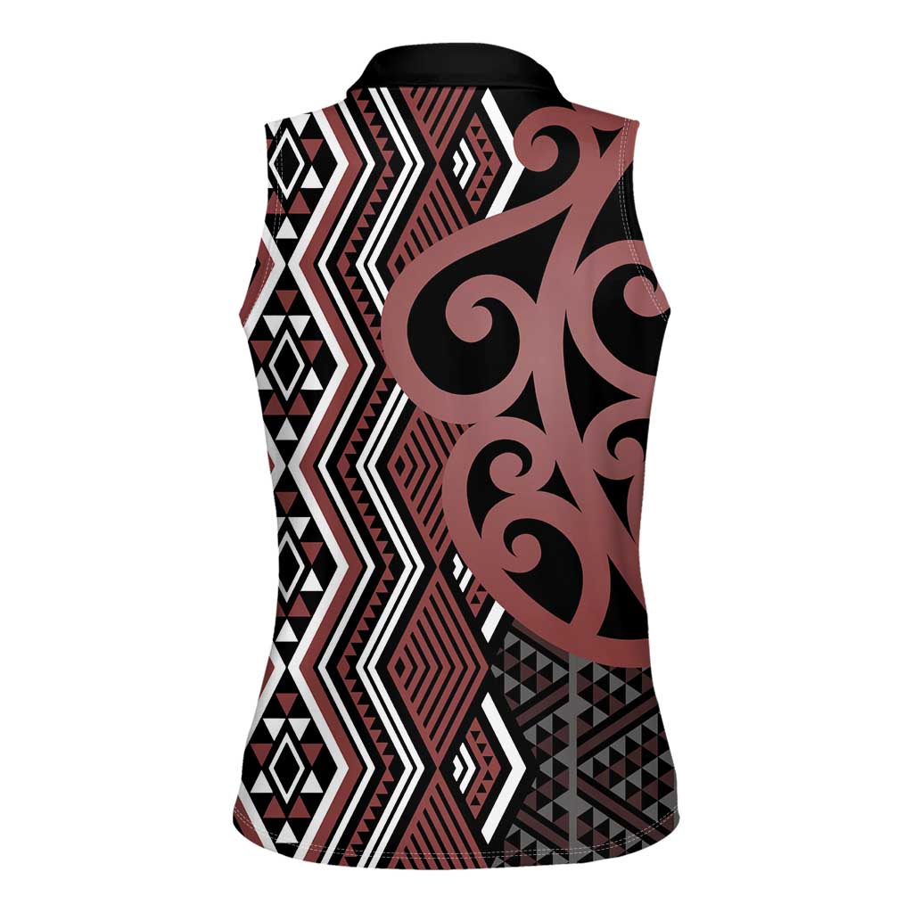 Maori Taniko Patterns Women Sleeveless Polo Shirt Brown Patiki Motifs Mix Whakairo Ngaru