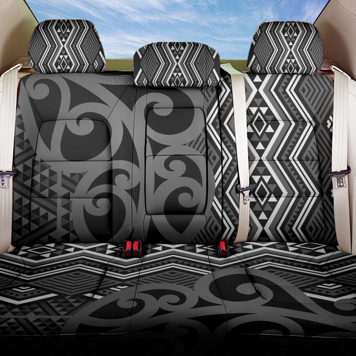 Maori Taniko Patterns Back Car Seat Cover Black Patiki Motifs Mix Whakairo Ngaru LT7 One Size Black - Polynesian Pride