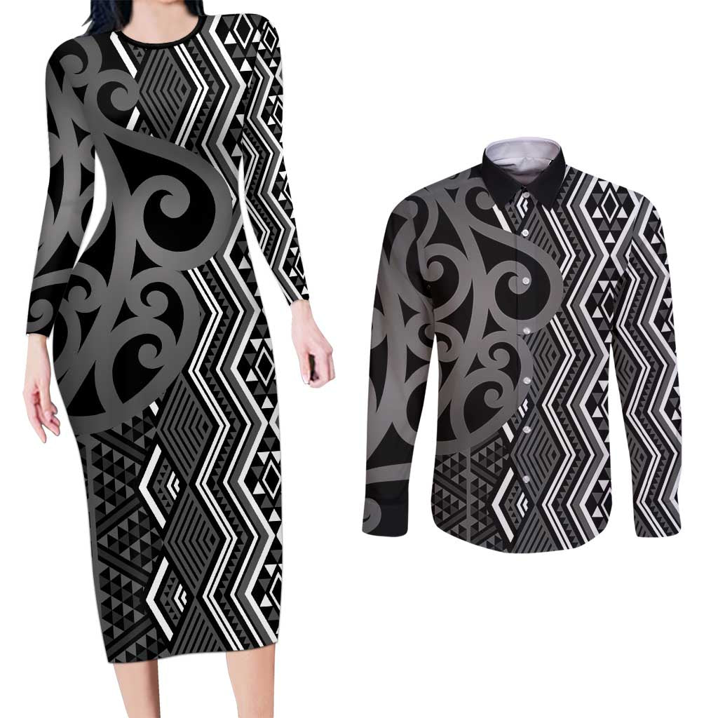 Maori Taniko Patterns Couples Matching Long Sleeve Bodycon Dress and Long Sleeve Button Shirt Black Patiki Motifs Mix Whakairo Ngaru LT7 Black - Polynesian Pride