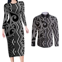 Maori Taniko Patterns Couples Matching Long Sleeve Bodycon Dress and Long Sleeve Button Shirt Black Patiki Motifs Mix Whakairo Ngaru LT7 Black - Polynesian Pride